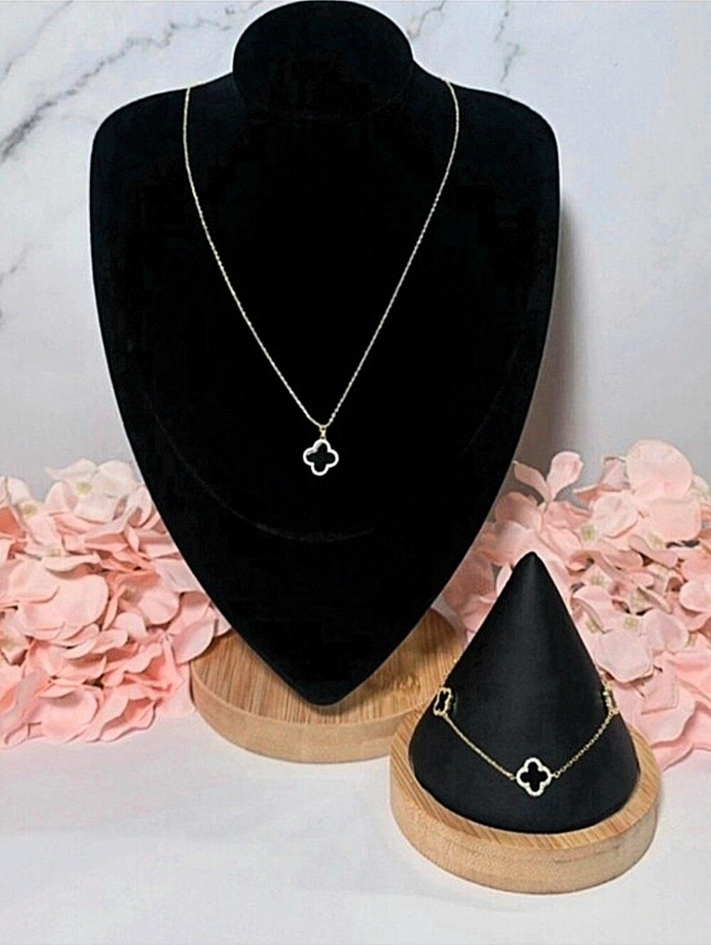 Isabella M - Gold Clover Necklace and Bracelet Set - Jewelry Set
